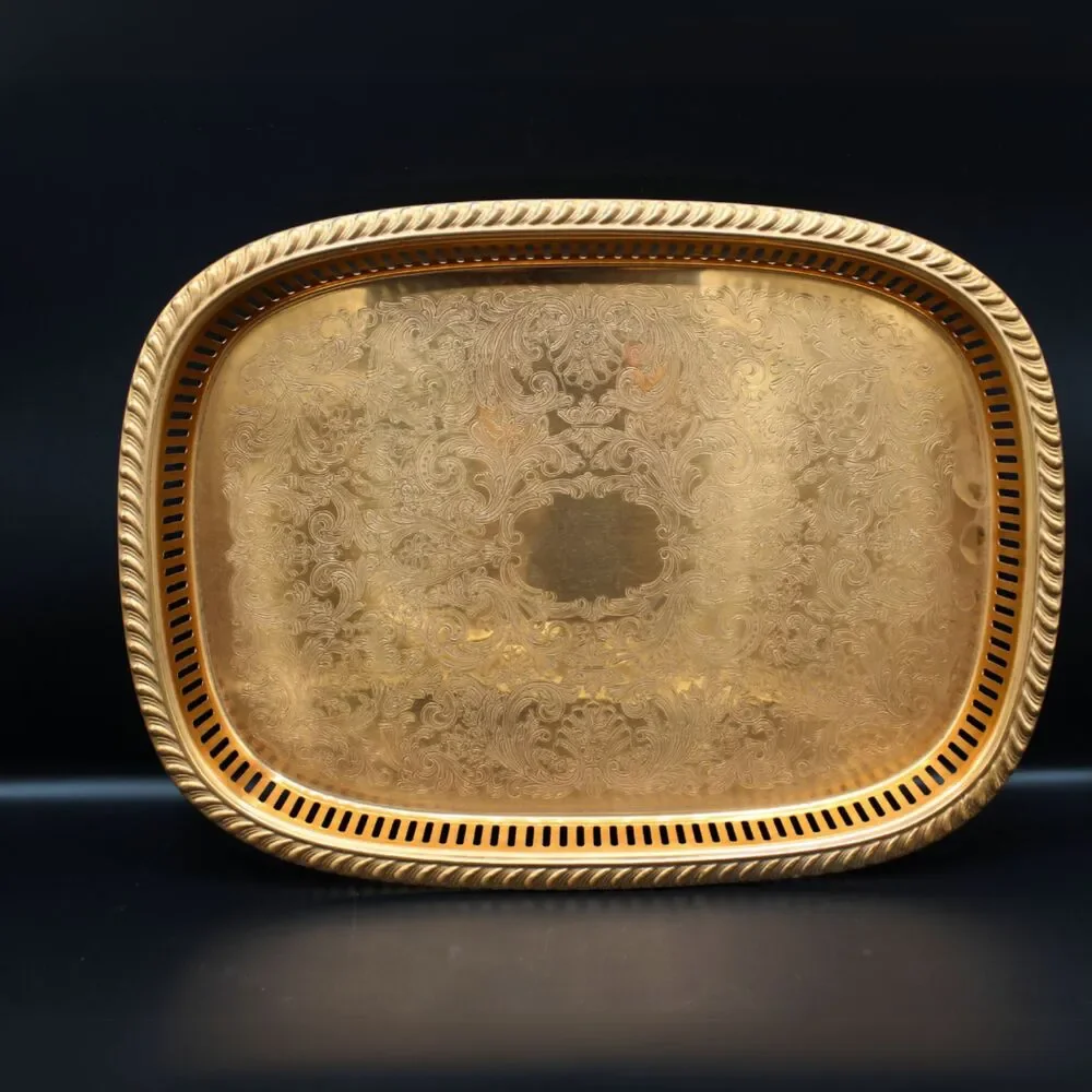 Vintage Copper Plated Tray Scroll Filigree Design Pattern Retro Kitchen Decor